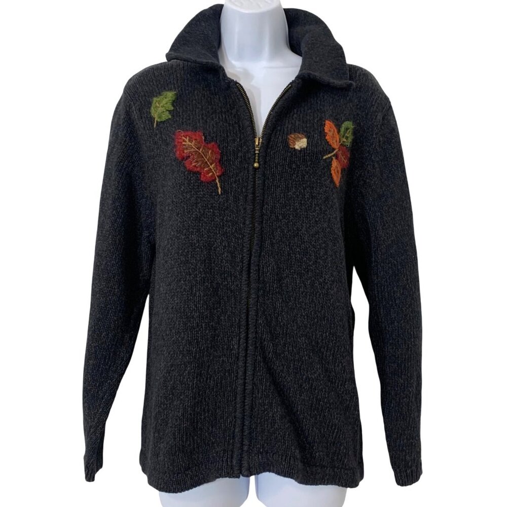 Mandal Bay Womens Charcoal Gray Knit Cardigan Embroidered Leaves Full Zip SZ L